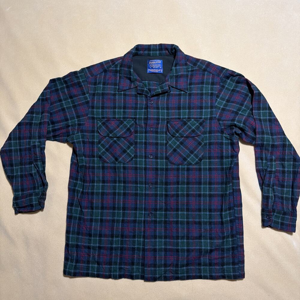 Vintage Pendleton Plaid Board Shirt Loop Collar Green Plaid Outdoor Clean Size L